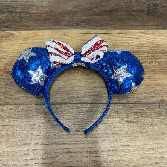 Disney Minnie Mouse Patriotic Sequin Ears • Headband Red White Blue Star Stripe - Picture 1 of 6